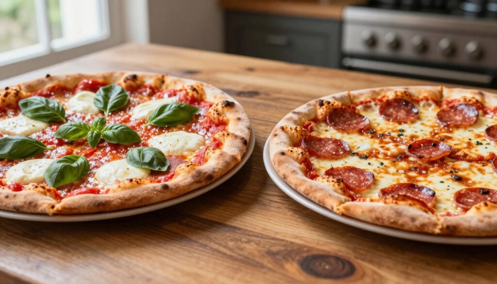 A close-up view of two freshly baked pizzas placed on a rustic wooden table. The first pizza, a classic Margherita, is vibrant with red tomato sauce, melt-in-your-mouth mozzarella, and fresh basil leaves, highlighting its appealing colors. The second pizza, a pepperoni delight, showcases golden-brown crust, luscious cheese, and perfectly arranged spicy pepperoni slices. In the foreground, a portion of each pizza is neatly cut to reveal a deliciously gooey interior, emphasizing the calorie content per serving. Natural light streams in from a nearby window, creating a warm, inviting atmosphere, while the background features a blurred-out kitchen setting, enhancing the focus on the pizzas. The angle is slightly overhead, allowing a detailed view of toppings and textures, celebrating the artistry of pizza-making in a cozy environment.