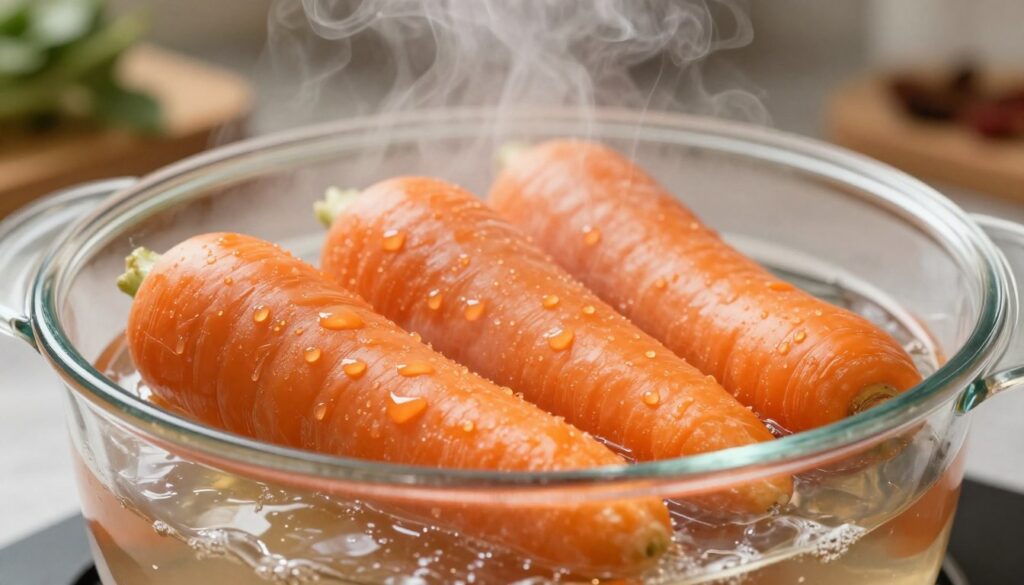 A close-up view of vibrant orange carrots being steamed in a transparent glass steaming basket, highlighting the method of cooking them to achieve tenderness without overcooking. The foreground features glistening droplets of water on the surface of the carrots, showcasing their freshness. In the middle, the steaming basket is set above a pot of bubbling water, with steam rising gracefully, creating a warm, inviting atmosphere. The background contains a softly blurred kitchen setting with subtle hints of herbs and spices, suggesting preparation. Soft, natural lighting bathes the scene, emphasizing the colors and textures of the carrots while evoking a sense of warmth and comfort.