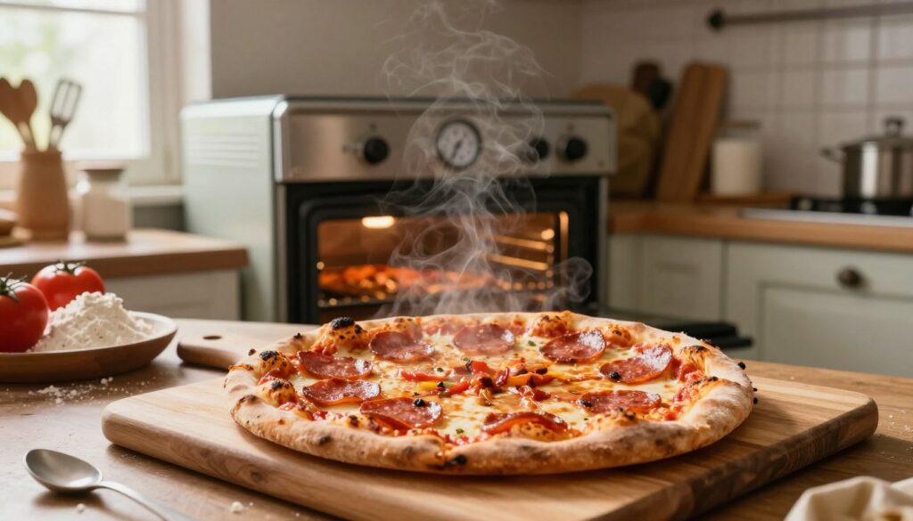 A cozy domestic kitchen scene showcasing a perfectly baked pepperoni pizza displayed on a wooden cutting board, the crust golden and slightly charred, indicating an ideal oven temperature for baking. In the foreground, the pizza is the focal point, with steam rising to suggest warmth and freshness. In the middle ground, a vintage oven with an open door, displaying a temperature gauge set to the optimal baking temperature, surrounded by utensils and ingredients like flour and tomatoes. The background features warm, inviting kitchen decor with soft, natural lighting streaming through a window, creating a homely atmosphere. The composition captures the essence of home cooking, inviting the viewer to enjoy the experience.
