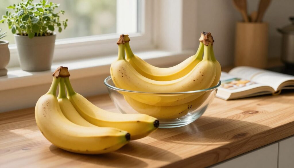 A cozy home kitchen setting with bananas displayed prominently at room temperature. In the foreground, a bunch of ripe yellow bananas sits on a wooden countertop with subtle brown specks indicating they are well-ripened but not overly spotty. A glass fruit bowl in the middle holds a few additional bananas, showcasing their natural texture. Soft, warm lighting filters through a nearby window, illuminating the scene and casting gentle shadows that enhance the inviting atmosphere. In the background, a simple kitchen decor with potted herbs on a windowsill and an open book about food storage techniques adds warmth and context to the image. The focus should be on the bananas, emphasizing their freshness and proper storage environment, creating a sense of homely comfort.