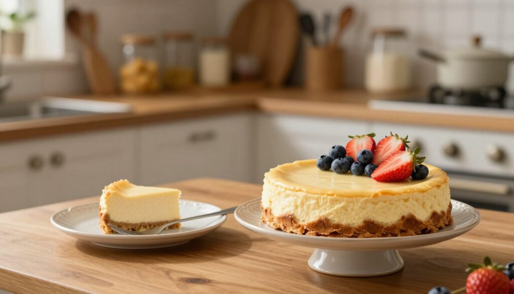 A cozy, inviting kitchen setting with a soft, warm light illuminating a freshly made cheesecake sitting on a wooden table. In the foreground, a beautifully decorated cheesecake with a smooth, creamy surface, topped with fresh fruits like strawberries and blueberries, invitingly placed on a decorative cake stand. In the middle ground, a delicate ceramic plate with a slice of cheesecake beside a fork, suggesting a moment of indulgence. The background features a softly blurred kitchen environment with shelves filled with baking ingredients and utensils, evoking a sense of warmth and homeliness. The overall atmosphere should feel friendly and comforting, highlighting the idea of enjoying cheesecake at room temperature while ensuring it remains fresh. A cozy, inviting kitchen setting with a soft, warm light illuminating a freshly made cheesecake sitting on a wooden table. In the foreground, a beautifully decorated cheesecake with a smooth, creamy surface, topped with fresh fruits like strawberries and blueberries, invitingly placed on a decorative cake stand. In the middle ground, a delicate ceramic plate with a slice of cheesecake beside a fork, suggesting a moment of indulgence. The background features a softly blurred kitchen environment with shelves filled with baking ingredients and utensils, evoking a sense of warmth and homeliness. The overall atmosphere should feel friendly and comforting, highlighting the idea of enjoying cheesecake at room temperature while ensuring it remains fresh.