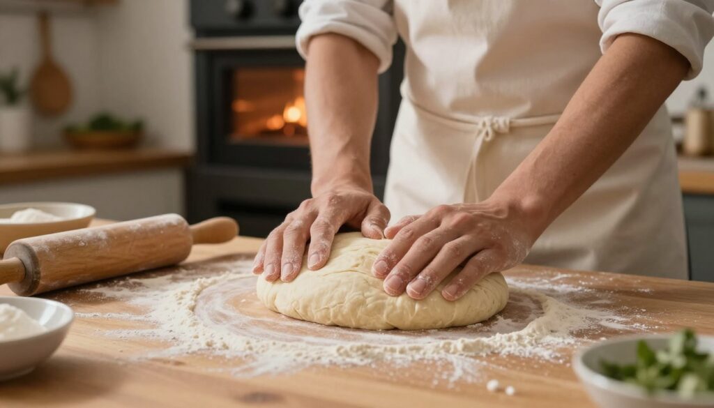 A cozy kitchen scene featuring a close-up of dough preparation for pizza. In the foreground, a wooden countertop with a ball of fresh pizza dough, flour scattered around, and a rolling pin resting nearby. The middle ground includes hands of a person in a white apron skillfully kneading the dough, showcasing the texture and elasticity. In the background, a warm oven emanating soft light, with a blurred glimpse of herbs and kitchen utensils hanging on the wall. The lighting is warm and inviting, suggesting a homey atmosphere. The perspective is slightly angled from above, capturing both the meticulous process and the delicious anticipation of creating the perfect pizza.