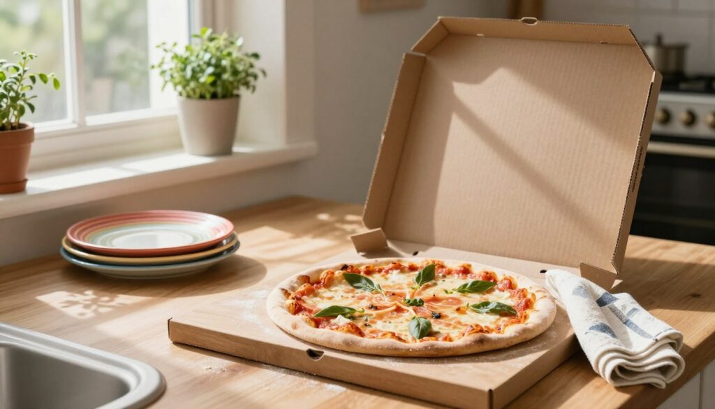 A cozy kitchen scene featuring a freshly made pizza being stored for later use. In the foreground, a wooden cutting board holds the pizza, slightly covered with a clean kitchen towel, preserving its warmth and moisture. In the middle ground, a stylish, open pizza box stands next to a small stack of colorful plates, enhancing the homey atmosphere. Soft, natural light streams in from a nearby window, casting gentle shadows that create depth. The background showcases quaint kitchen decor, with herbs in pots and a subtle glimpse of a vintage oven, hinting at the space's culinary function. The overall mood conveys warmth and comfort, emphasizing the importance of proper pizza storage to keep flavors intact. A cozy kitchen scene featuring a freshly made pizza being stored for later use. In the foreground, a wooden cutting board holds the pizza, slightly covered with a clean kitchen towel, preserving its warmth and moisture. In the middle ground, a stylish, open pizza box stands next to a small stack of colorful plates, enhancing the homey atmosphere. Soft, natural light streams in from a nearby window, casting gentle shadows that create depth. The background showcases quaint kitchen decor, with herbs in pots and a subtle glimpse of a vintage oven, hinting at the space's culinary function. The overall mood conveys warmth and comfort, emphasizing the importance of proper pizza storage to keep flavors intact.