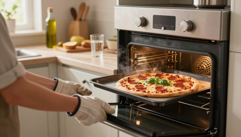 A cozy kitchen scene featuring a modern oven with a pizza being placed inside on a baking tray. The pizza is topped with melted cheese, pepperoni, and fresh basil, appearing golden and appetizing. In the foreground, a pair of hands wearing kitchen gloves reaches for the oven door, showcasing a sense of anticipation. The middle ground features a well-organized countertop with ingredients like olive oil and a glass of water, hinting at the technique of adding water to create steam for a crispy crust. The background displays warm ambient lighting, enhancing the inviting atmosphere, with a hint of a kitchen window letting in soft natural light. The overall mood is warm and homey, perfect for a cooking article. A cozy kitchen scene featuring a modern oven with a pizza being placed inside on a baking tray. The pizza is topped with melted cheese, pepperoni, and fresh basil, appearing golden and appetizing. In the foreground, a pair of hands wearing kitchen gloves reaches for the oven door, showcasing a sense of anticipation. The middle ground features a well-organized countertop with ingredients like olive oil and a glass of water, hinting at the technique of adding water to create steam for a crispy crust. The background displays warm ambient lighting, enhancing the inviting atmosphere, with a hint of a kitchen window letting in soft natural light. The overall mood is warm and homey, perfect for a cooking article.