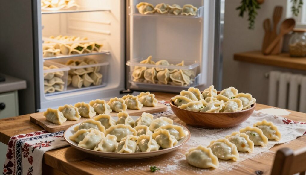A cozy kitchen scene focused on a wooden table covered with various types of pierogi: raw, cooked, and blanched. In the foreground, a plate holds neatly arranged raw pierogi, showcasing their delicate dough and fillings. Beside them, a bowl contains blanched pierogi, slightly glossy from being cooked. In the background, an open freezer reveals packed containers filled with frozen pierogi, emphasizing the theme of storage. Soft, warm lighting fills the room, casting gentle shadows that enhance the homemade atmosphere. The kitchen is adorned with rustic elements like a patterned tablecloth, wooden utensils, and herbs hanging from the ceiling, creating a comforting and inviting mood that reflects traditional cooking practices. использует a wide-angle lens to capture all details harmoniously. A cozy kitchen scene focused on a wooden table covered with various types of pierogi: raw, cooked, and blanched. In the foreground, a plate holds neatly arranged raw pierogi, showcasing their delicate dough and fillings. Beside them, a bowl contains blanched pierogi, slightly glossy from being cooked. In the background, an open freezer reveals packed containers filled with frozen pierogi, emphasizing the theme of storage. Soft, warm lighting fills the room, casting gentle shadows that enhance the homemade atmosphere. The kitchen is adorned with rustic elements like a patterned tablecloth, wooden utensils, and herbs hanging from the ceiling, creating a comforting and inviting mood that reflects traditional cooking practices. использует a wide-angle lens to capture all details harmoniously.