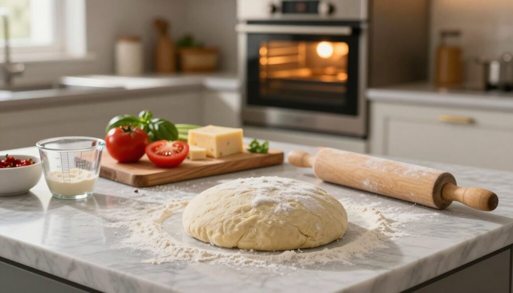 A cozy kitchen scene focused on the preparation of frozen pizza dough. In the foreground, a marble countertop displays a ball of thawing dough, lightly dusted with flour, surrounded by various kitchen utensils such as a rolling pin and a measuring cup. In the middle ground, a wooden cutting board holds fresh toppings like tomatoes, cheese, and basil, inviting a sense of freshness. The background features an oven preheated to perfection, with warm light casting a golden hue throughout the space. Natural sunlight streams through a nearby window, enhancing the inviting atmosphere. The overall mood is warm and welcoming, perfect for family cooking, reflecting the art of preparing frozen dough without compromising quality.