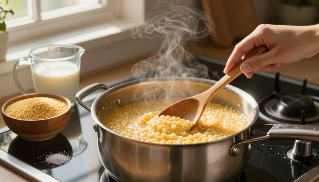 A cozy kitchen scene focused on the preparation of semolina porridge, featuring a stainless steel pot on a modern stove gleaming with reflections of light. In the foreground, a wooden spoon is stirring the creamy, golden semolina mix, with small steam wisps rising gently. To the side, an array of ingredients is displayed: a measuring cup of milk, a bowl of semolina, and a pinch of salt, showcasing the essential components for perfect porridge. In the background, warm sunlight filters through a window, casting soft shadows and creating an inviting atmosphere. The overall mood is warm and homey, emphasizing the comforting process of cooking. The scene beautifully captures the essence of making semolina porridge without lumps.