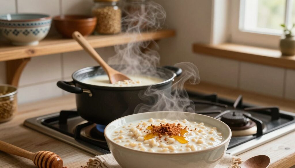 A cozy kitchen scene showcasing a beautifully prepared bowl of kasza manna, steaming gently in the foreground. The creamy consistency is highlighted, with a sprinkle of cinnamon and a drizzle of honey on top. In the middle, a pot simmers on the stove, filled with rich milk and grains, with a wooden spoon hovering nearby, emphasizing the cooking process. The background features rustic wooden shelves adorned with traditional bowls and jars, lending a warm and inviting atmosphere. Soft, natural lighting filters through a nearby window, casting gentle shadows and accentuating the textures of the ingredients. The overall mood is comforting and homely, inviting viewers to explore the delicious differences of kasza manna made with milk, water, and plant-based options.