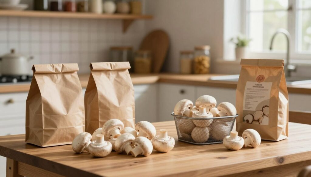 A cozy kitchen scene showcasing different methods for storing mushrooms. In the foreground, a wooden table displays fresh, unblemished white mushrooms arranged neatly next to brown paper bags, a mesh container, and their original packaging. In the middle, the kitchen counter is softly lit, highlighting the textures of the mushrooms and the materials used for storage. The background features softly focused shelves filled with spices and jars, enhancing the homey atmosphere. Natural light streams in from a nearby window, casting gentle shadows and creating a warm ambiance. The overall mood is inviting and informative, emphasizing the best practices for mushroom storage without any distractions or text.