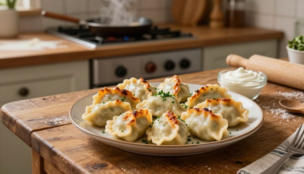 A cozy kitchen setting featuring a plate of perfectly reheated pierogi placed on a rustic wooden table. The pierogi should be golden brown with crispy edges, garnished with a sprinkle of fresh herbs and accompanied by a small dish of sour cream on the side. In the background, a stove with a frying pan showing steam and warm lighting creates a homely atmosphere. The countertop is adorned with traditional kitchen items like a rolling pin and ingredients for making pierogi, capturing a sense of comfort and warmth. The image should evoke a feeling of nostalgia and home-cooked meals, with soft, diffused lighting that enhances the textures of the food. Shot from a slightly elevated angle to showcase the dish prominently. A cozy kitchen setting featuring a plate of perfectly reheated pierogi placed on a rustic wooden table. The pierogi should be golden brown with crispy edges, garnished with a sprinkle of fresh herbs and accompanied by a small dish of sour cream on the side. In the background, a stove with a frying pan showing steam and warm lighting creates a homely atmosphere. The countertop is adorned with traditional kitchen items like a rolling pin and ingredients for making pierogi, capturing a sense of comfort and warmth. The image should evoke a feeling of nostalgia and home-cooked meals, with soft, diffused lighting that enhances the textures of the food. Shot from a slightly elevated angle to showcase the dish prominently.
