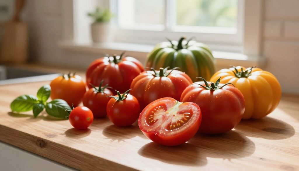 A cozy kitchen setting featuring a ripe assortment of tomatoes displayed on a wooden countertop. In the foreground, a vibrant red tomato is sliced in half, revealing its juicy interior, emphasizing freshness and flavor. The midground showcases a variety of other tomatoes – cherry, beefsteak, and heirloom – each with their distinct colors and textures, arranged aesthetically. The background includes soft, natural light streaming through a window, casting gentle shadows that create warmth and depth. A few herbs, such as basil and parsley, are subtly placed in the scene to hint at complementary flavors. The atmosphere is inviting and homely, ideal for conveying the importance of storing tomatoes to maintain their delightful taste. Focus on soft focus for a warm, inviting ambiance.