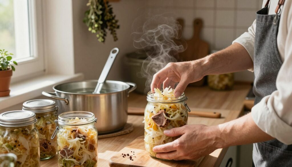 A cozy kitchen setting, focusing on the process of canning sauerkraut with bigos in glass jars. In the foreground, a pair of hands in modest attire carefully fills a jar with steaming hot bigos, showcasing chunks of meat, cabbage, and spices. The middle ground features various canning supplies, including a pot of boiling water, a jar lifter, and several filled jars waiting to be sealed. The background reveals a warm, softly lit kitchen with wooden cabinets and herbs hanging to dry, creating an inviting atmosphere. Natural light filters in through a nearby window, casting gentle shadows, enhancing the homey feel. The scene evokes a sense of tradition and care in preserving food safely.