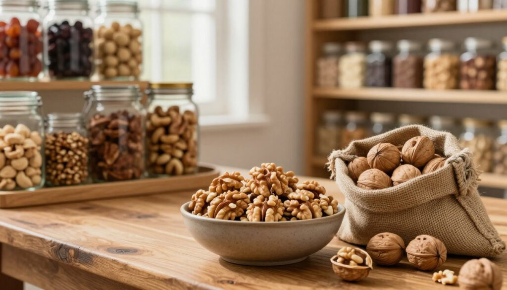 A cozy pantry setting filled with various containers of walnuts, both shelled and in their shells. In the foreground, a rustic wooden table holds an elegant bowl of shelled walnuts, showcasing their rich, golden-brown color and textured surface. Nearby, a burlap sack bursts with whole walnuts still in their shells, emphasizing their natural earthiness. In the middle ground, organized jars and boxes reveal other types of nuts, creating a sense of abundance. The background features softly blurred shelves stocked with dried fruits and preserved goods, bathed in warm, natural light filtering through a window. The atmosphere conveys a sense of warmth and homeliness, inviting viewers to explore proper walnut storage methods.