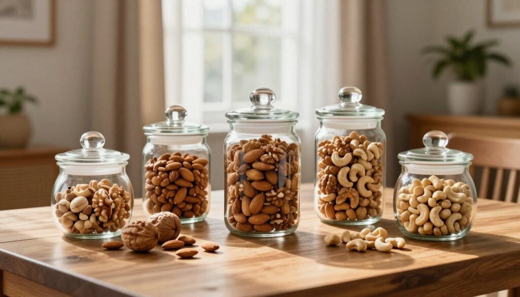 A cozy room setting that evokes a sense of calm and comfort, designed to illustrate the concept of room temperature. In the foreground, a wooden table is adorned with an assortment of nuts—almonds, walnuts, and cashews—neatly organized in elegant glass jars with airtight lids. The jars reflect soft natural light, emphasizing their freshness. In the middle, a window with sheer curtains allows sunlight to filter through, casting gentle shadows across the table. The background features a warm, inviting space with earthy tones and plants, contributing to a homey atmosphere. Highlight the textures of the nuts and jars, ensuring the scene appears vibrant and appealing. The overall mood is serene and inviting, perfect for showcasing temperature control for nut storage.