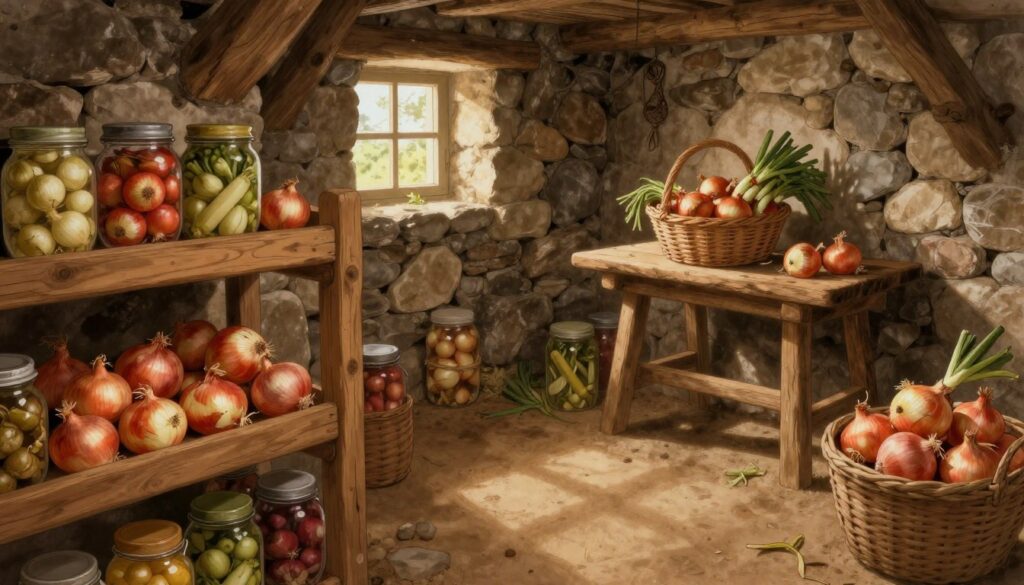A cozy, rustic cellar (piwnica) beautifully illustrated in soft, warm light. In the foreground, wooden shelves are lined with braided onions and jars of preserved vegetables, highlighting the ideal storage for onions. In the middle, the stone walls and earthy-toned floor create a homely atmosphere, while a simple wooden table holds a wicker basket filled with freshly harvested onions, emphasizing freshness. In the background, a small window allows natural light to filter in, casting gentle shadows and enhancing the inviting mood. The scene conveys a sense of practicality and warmth, making it clear that this is an ideal space for preserving the harvest. Aim for a slightly elevated perspective, capturing the depth and charm of the cellar.