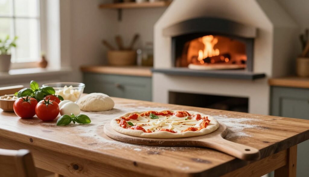 A cozy, warmly lit kitchen scene, showcasing a wooden table with various pizza ingredients: fresh tomatoes, mozzarella cheese, green basil, and a bowl of dough, emphasizing a "zero waste" approach. In the foreground, a wooden pizza peel rests beside a handmade pizza, ready to be placed in an oven that glows invitingly, suggesting optimal baking temperature. The background features a rustic oven with a hint of flames flickering, casting a soft glow on the surroundings. Sunlight filters through a nearby window, adding a natural warmth to the scene. The atmosphere is inviting and homey, perfect for depicting a sense of comfort and creativity in home baking. The angle captures both the table and the oven, creating a focus on the pizza-making process.