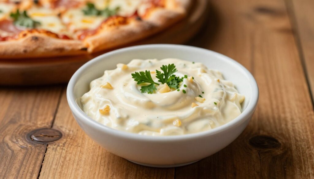 A creamy mayonnaise garlic sauce served in a small, elegant white ceramic bowl, placed on a rustic wooden table. The sauce is smooth and glossy, with finely chopped garlic and a sprinkle of fresh parsley on top. In the background, a blurred image of a classic margherita pizza on a wooden pizza peel, enhancing the context of its use. The lighting is warm and inviting, coming from a soft overhead source that highlights the richness of the sauce while casting gentle shadows. The overall atmosphere feels cozy and appetizing, illustrating a delightful culinary experience. Focus on the texture and sheen of the mayonnaise while ensuring the setting is casual yet refined.