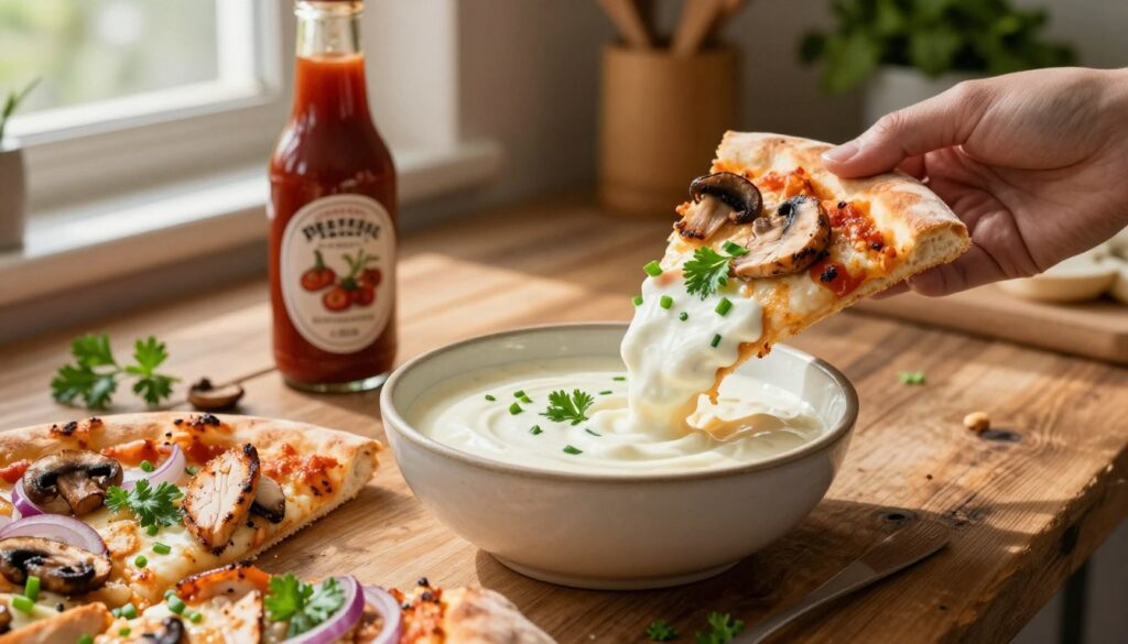 A creamy white sauce served in a ceramic bowl, garnished with fresh herbs like parsley and chives, sits on a rustic wooden table. In the foreground, a slice of pizza topped with various ingredients, such as grilled chicken, mushrooms, and red onions, is being dipped into the sauce. The middle ground features a bottle of BBQ sauce and scattered pizza toppings, enhancing the culinary theme. Soft, natural light filters through a nearby window, casting warm shadows and creating a cozy atmosphere. In the background, blurred kitchen utensils and fresh ingredients suggest a homely, inviting kitchen environment. The overall mood is appetizing and inspiring, perfect for discussing innovative pizza toppings.