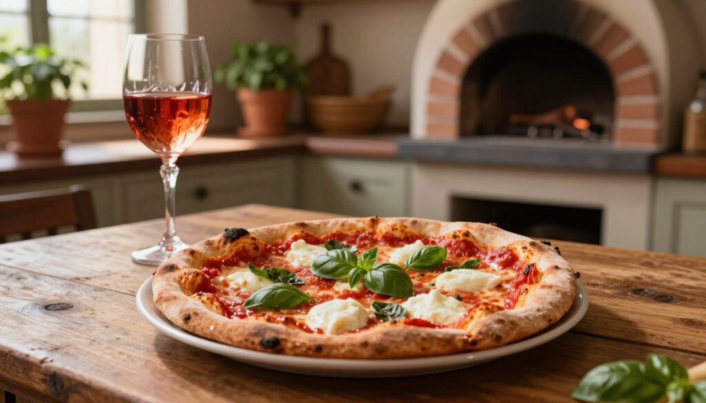 A delicious Margherita pizza placed elegantly on a rustic wooden table. The pizza features a golden, slightly charred crust topped with vibrant red tomato sauce, fresh mozzarella cheese, and fragrant basil leaves. In the foreground, a crystal wine glass filled with a light red wine reflects soft ambient light. In the middle background, a rustic Italian kitchen setting is visible, with herbs in terracotta pots and a brick oven. The lighting is warm and inviting, simulating late afternoon sunlight filtering through a nearby window, casting gentle shadows. The atmosphere exudes a cozy, homely vibe, perfect for enjoying a meal.