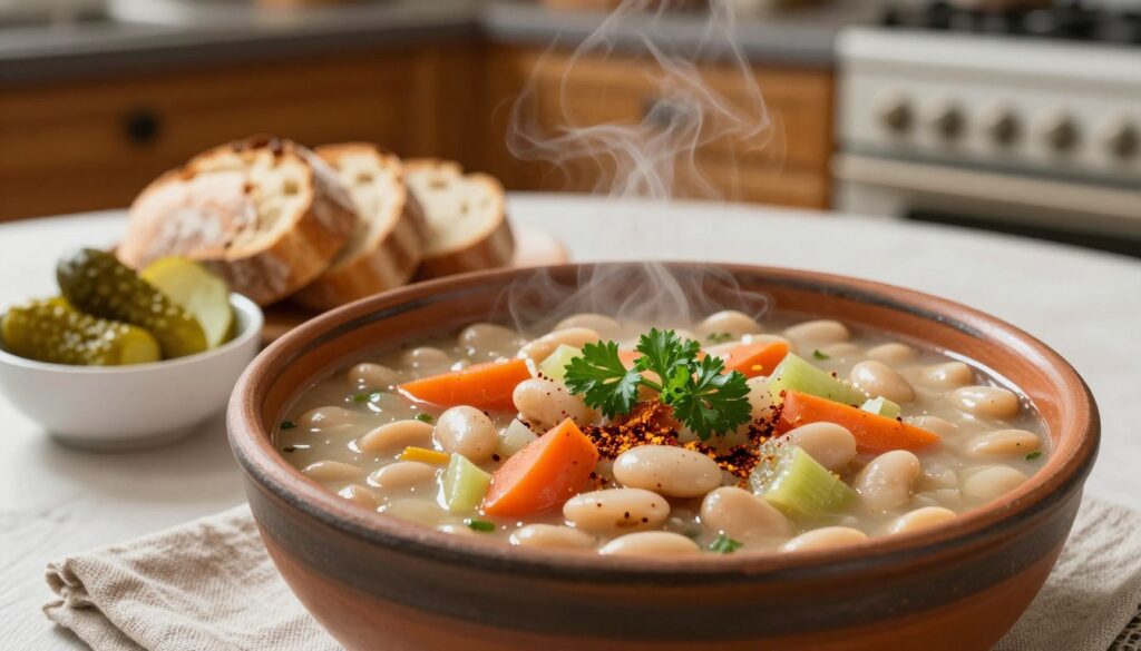 A delicious bowl of zupa fasolowa, filled with colorful white beans, gently simmered with aromatic vegetables like carrots, celery, and onions. In the foreground, showcase the hearty soup steaming in a rustic bowl made of earthy pottery. Garnish with fresh parsley and a sprinkle of smoked paprika for a burst of color. In the middle ground, place a side of crusty bread and a small dish of pickles. The background should feature a cozy kitchen environment, with soft, warm lighting illuminating wooden cabinets and textured table linens. Aim for a homely, inviting atmosphere that makes the viewer feel the comfort of this traditional meal. The composition should be shot from a slight angle to create depth and warmth, evoking a sense of nurturing and culinary tradition. A delicious bowl of zupa fasolowa, filled with colorful white beans, gently simmered with aromatic vegetables like carrots, celery, and onions. In the foreground, showcase the hearty soup steaming in a rustic bowl made of earthy pottery. Garnish with fresh parsley and a sprinkle of smoked paprika for a burst of color. In the middle ground, place a side of crusty bread and a small dish of pickles. The background should feature a cozy kitchen environment, with soft, warm lighting illuminating wooden cabinets and textured table linens. Aim for a homely, inviting atmosphere that makes the viewer feel the comfort of this traditional meal. The composition should be shot from a slight angle to create depth and warmth, evoking a sense of nurturing and culinary tradition.