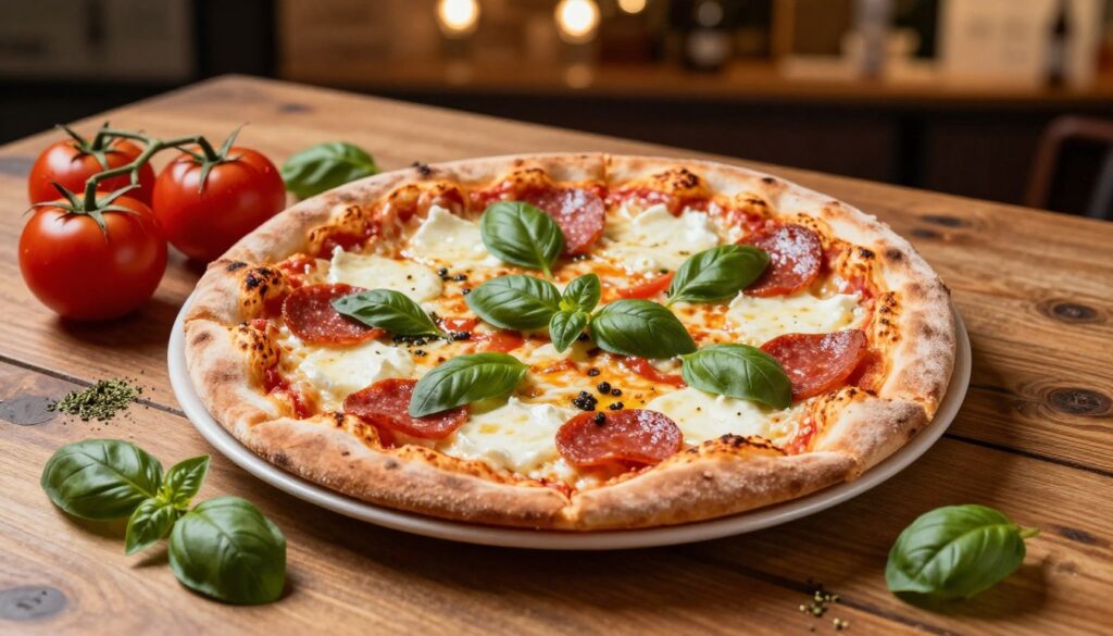 A delicious pizza seated elegantly on a rustic wooden table, showcasing a vibrant selection of toppings, including pepperoni, fresh basil, and luscious mozzarella cheese. The pizza is presented in a way that highlights its thickness and texture, with a golden crust that appears perfectly baked. Surrounding the pizza, a few placed ingredients like ripe tomatoes, fresh basil leaves, and a sprinkle of oregano add to the scene, enhancing the context of quality and freshness. In the background, a softly blurred pizzeria interior with warm lighting casts a cozy atmosphere, evoking a sense of comfort and community. The image is shot with a slight overhead angle, using soft, diffused lighting to create an inviting ambiance that entices viewers to appreciate the art of pizza making.
