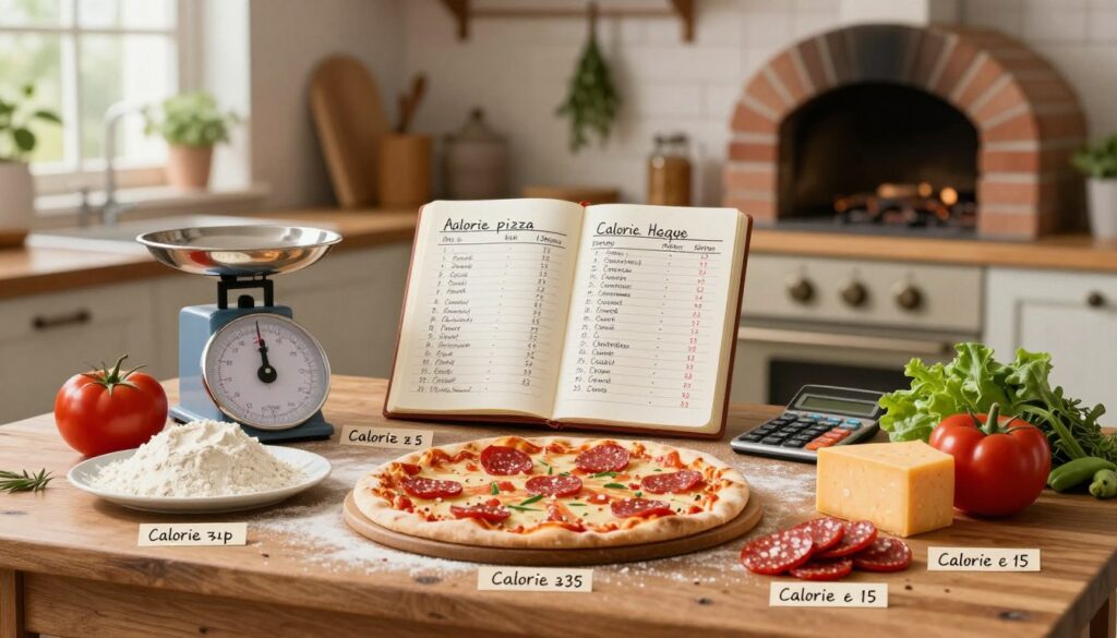 A detailed, informative kitchen setup showcasing the process of calculating the calorie content of homemade pizza. In the foreground, a rustic wooden table holds a variety of pizza ingredients: flour, tomatoes, cheese, pepperoni, and fresh vegetables, each labeled with their calorie counts elegantly displayed. The middle ground features an open notebook with handwritten notes on pizza calorie calculations, alongside a measuring scale and a calculator, all well-lit for clarity. In the background, a warm, inviting kitchen scene includes a brick oven and hanging herbs, with soft, natural light filtering through a window, creating a cozy atmosphere. The image should inspire a sense of culinary exploration and provide visual clarity on calorie counting in pizza-making. A detailed, informative kitchen setup showcasing the process of calculating the calorie content of homemade pizza. In the foreground, a rustic wooden table holds a variety of pizza ingredients: flour, tomatoes, cheese, pepperoni, and fresh vegetables, each labeled with their calorie counts elegantly displayed. The middle ground features an open notebook with handwritten notes on pizza calorie calculations, alongside a measuring scale and a calculator, all well-lit for clarity. In the background, a warm, inviting kitchen scene includes a brick oven and hanging herbs, with soft, natural light filtering through a window, creating a cozy atmosphere. The image should inspire a sense of culinary exploration and provide visual clarity on calorie counting in pizza-making.