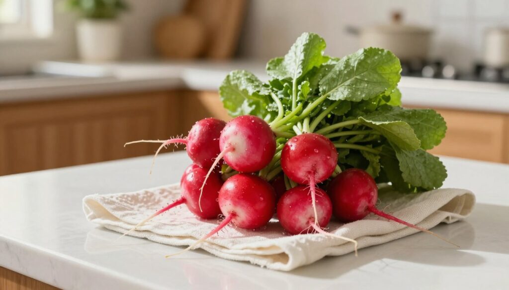 A fresh bunch of vibrant radishes resting on a clean kitchen countertop, partially wrapped in a damp paper towel and a light cotton kitchen cloth to illustrate the "wet towel method" for preserving their crispness. The foreground features the radishes, showcasing their bright red skin and green tops, glistening slightly from moisture. In the middle ground, a warm, sunlit kitchen scene with wooden cabinets and utensils creates a homely atmosphere. Soft, natural lighting enhances the freshness of the radishes, casting gentle shadows. The background is softly blurred, with hints of kitchen decor, contributing to a serene and inviting mood. The image should evoke a sense of freshness and practicality, ideal for food preservation tips.