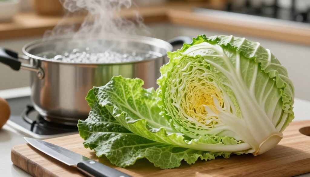 A fresh green cabbage head being prepared for cooking, its leaves carefully separated, revealing the sturdy inner core. In the foreground, the vibrant, glossy cabbage leaves lie amidst a wooden cutting board, with a sharp chef's knife resting nearby. The middle ground features a pot filled with boiling water, bubbles visibly rising to the surface. In the background, a softly lit kitchen scene with warm, inviting tones, capturing the essence of a cozy home cooking atmosphere. The lighting should be natural and bright, highlighting the textures of the cabbage and the steam from the pot. The angle should be a top-down view, creating a sense of intimacy and focus on the cabbage preparation process. The overall mood should evoke a sense of warmth and anticipation for a delicious meal.