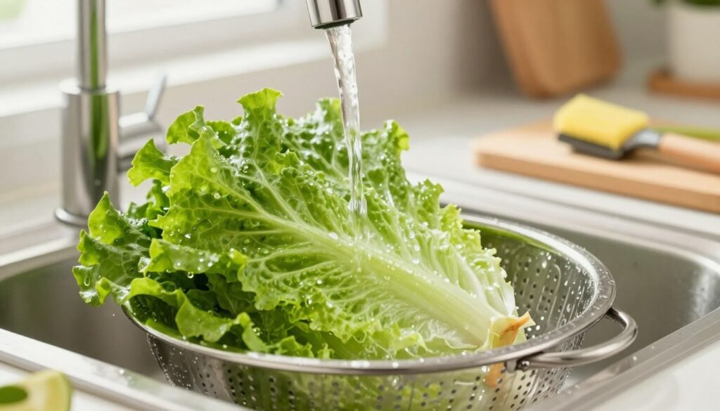 A fresh head of lettuce being washed in a clean kitchen sink, with clear water cascading over the vibrant green leaves. The foreground features the detailed texture of the lettuce leaves, glistening with droplets of water. In the middle ground, a colander stands ready to drain the lettuce, surrounded by other preparation items like a vegetable brush and a cutting board. The background showcases a clean kitchen with soft, natural lighting streaming in from a window, creating a warm and inviting atmosphere. The scene reflects a hygienic and careful approach to washing vegetables, highlighting the importance of maintaining fresh and crispy produce. The overall mood is fresh, clean, and wholesome, ideal for culinary guidance. A fresh head of lettuce being washed in a clean kitchen sink, with clear water cascading over the vibrant green leaves. The foreground features the detailed texture of the lettuce leaves, glistening with droplets of water. In the middle ground, a colander stands ready to drain the lettuce, surrounded by other preparation items like a vegetable brush and a cutting board. The background showcases a clean kitchen with soft, natural lighting streaming in from a window, creating a warm and inviting atmosphere. The scene reflects a hygienic and careful approach to washing vegetables, highlighting the importance of maintaining fresh and crispy produce. The overall mood is fresh, clean, and wholesome, ideal for culinary guidance.