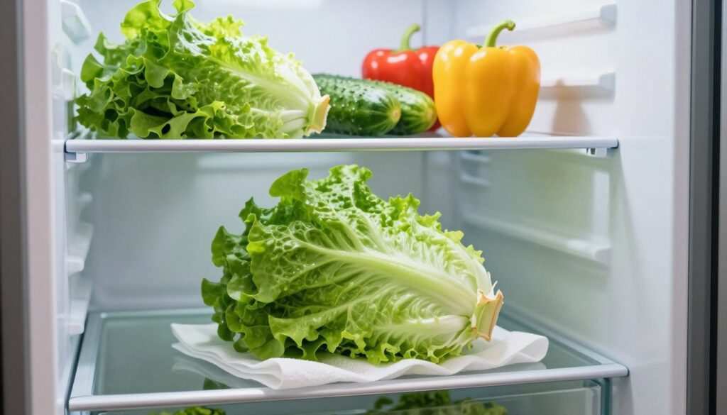 A fresh head of lettuce placed in a modern refrigerator, showcasing the ideal storage conditions for keeping it crisp for a week. In the foreground, the lettuce is elegantly wrapped in a clean, white paper towel, absorbing moisture. The middle ground features an organized fridge shelf with other fresh vegetables like cucumbers and bell peppers, all arranged neatly to highlight freshness. Soft, natural lighting spills in from the open fridge door, emphasizing the vibrant green of the lettuce while casting gentle shadows. The background consists of minimalistic fridge interiors, creating a calm and tidy atmosphere. Capture the essence of freshness and practicality in a visually appealing way. A fresh head of lettuce placed in a modern refrigerator, showcasing the ideal storage conditions for keeping it crisp for a week. In the foreground, the lettuce is elegantly wrapped in a clean, white paper towel, absorbing moisture. The middle ground features an organized fridge shelf with other fresh vegetables like cucumbers and bell peppers, all arranged neatly to highlight freshness. Soft, natural lighting spills in from the open fridge door, emphasizing the vibrant green of the lettuce while casting gentle shadows. The background consists of minimalistic fridge interiors, creating a calm and tidy atmosphere. Capture the essence of freshness and practicality in a visually appealing way.