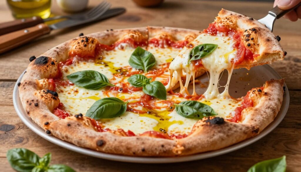 A freshly baked Neapolitan pizza, featuring a perfectly charred, thin crust that is slightly puffed and golden brown at the edges, lies on a rustic wooden table. Melted mozzarella cheese stretches tantalizingly as slices are pulled apart, showcasing its creamy texture. The pizza is topped with vibrant red tomato sauce, fresh basil leaves, and a drizzle of olive oil, all glowing under soft, natural lighting that creates a warm and inviting atmosphere. In the background, a blurred kitchen scene with rustic utensils and ingredients sets the mood, emphasizing the artisanal aspect of this timeless classic. Capture this appetizing scene from a slightly elevated angle to showcase the pizza’s luscious toppings while maintaining focus on the details of the crust.