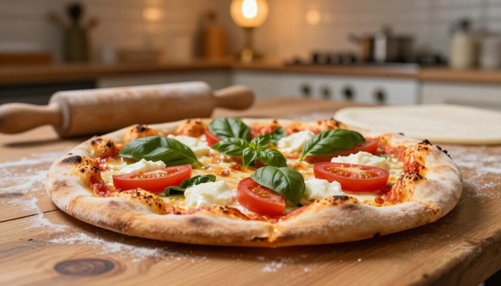 A freshly baked pizza showing varying thicknesses of the dough, placed on a rustic wooden table. In the foreground, highlight the golden crust, with a slightly raised edge indicating a perfect leavening process. The pizza is topped with vibrant, fresh ingredients like ripe tomatoes, basil leaves, and melted mozzarella, illustrating the light texture of the ideal dough. In the middle ground, the dough can be seen in a rolling pin or slightly flattened, hinting at the preparation phase. The background should feature a soft, blurred kitchen setting with warm, inviting lighting from an overhead chandelier. The atmosphere is cozy and artisanal, evoking a sense of home-cooked excellence. Use a shallow depth of field to focus on the pizza while softly blurring the background elements.