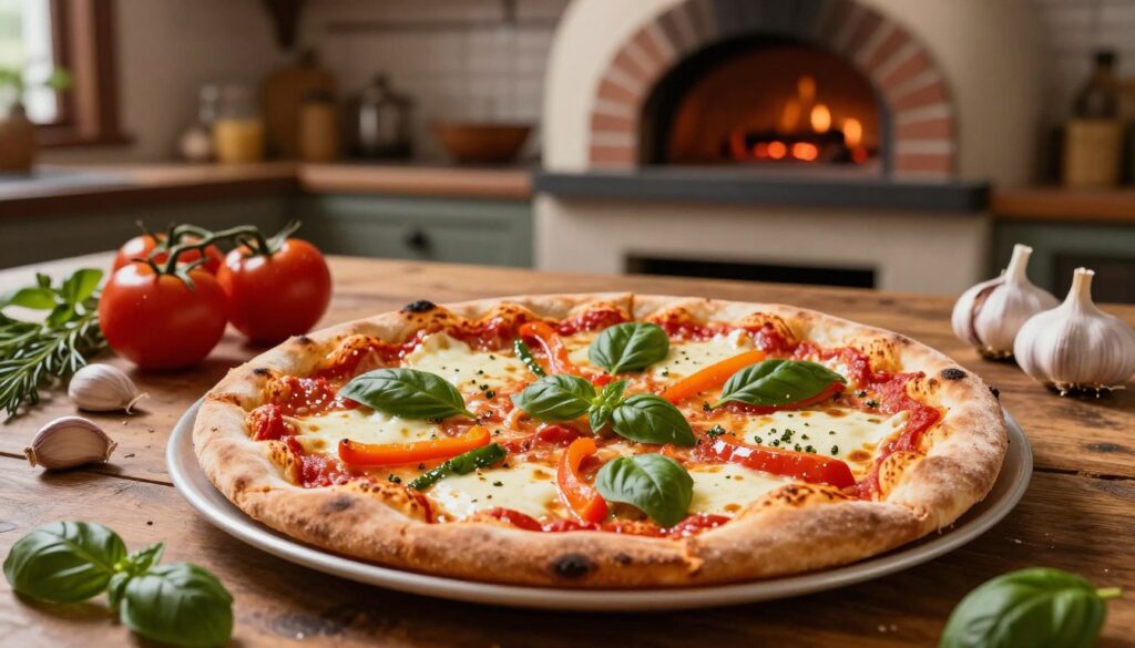 A freshly baked pizza sits in the foreground, showcasing its tantalizingly golden crust, topped with rich, melted mozzarella cheese and vibrant red tomato sauce. Generously sprinkled with fresh basil and colorful bell peppers, the toppings glisten under warm, soft lighting, highlighting their textures. In the middle, a rustic wooden table adds a homey feel, scattered with natural ingredients like ripe tomatoes, garlic cloves, and aromatic herbs, hinting at pizza's origins. In the background, an inviting kitchen ambiance emerges, with a brick oven softly glowing, exuding a sense of history and tradition. Capture this scene from a slightly elevated angle to enhance the depth, fostering a warm and inviting atmosphere that evokes a love for pizza and its heritage.