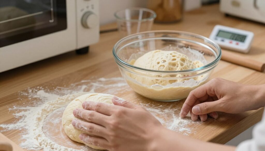 A highly detailed composition showcasing the process of diagnosing pizza dough rising issues in a domestic kitchen. In the foreground, a pair of hands gently kneading a dough ball, with flour scattered on the wooden countertop. In the middle, a clear glass bowl containing another dough rising, showcasing its texture and bubbles, emphasizing its growth stage. In the background, a kitchen setting with an oven, measuring cups, and a digital thermometer, all subtly out of focus. Soft, warm lighting creates a cozy atmosphere, highlighting the warmth of the kitchen. The angle is a slightly elevated perspective, capturing the essence of home baking while focusing on the dough's condition. The mood is informative yet inviting, illustrating both the scientific aspects and the homely charm of baking.