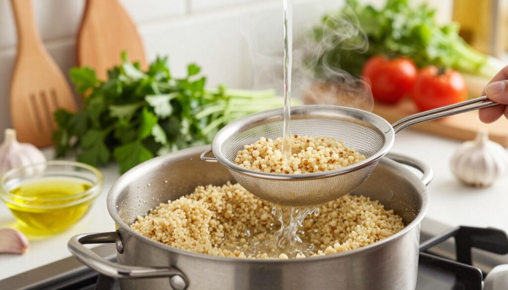 A kitchen scene focused on cooking quinoa, featuring a pot on a stovetop with fluffy, perfectly cooked quinoa. In the foreground, a close-up view of rinsing quinoa in a fine mesh sieve under running water, highlighting the grains' texture and steam rising from the pot. The middle ground showcases vibrant fresh herbs like parsley and cilantro, along with whole garlic cloves and a small bowl of olive oil, creating a rich, appetizing atmosphere. The background includes soft-focus elements of a well-organized kitchen with wooden utensils and fresh vegetables displayed neatly. Soft, warm lighting enhances the inviting mood, making it feel like a cozy, home-cooked experience. A shallow depth of field captures the quinoa's details while blurring the edges, emphasizing the cooking process.