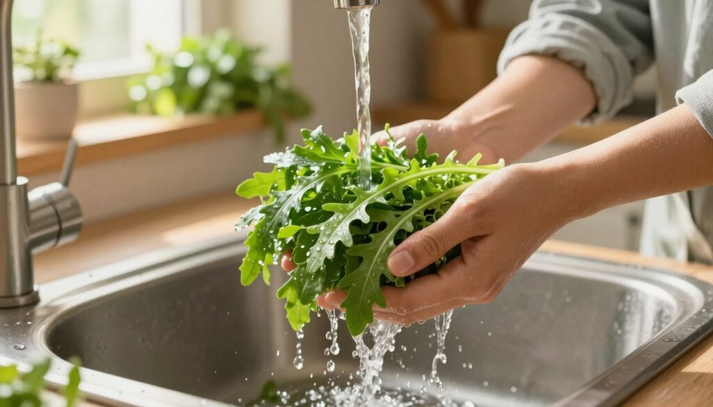 A lush, vibrant bunch of fresh arugula leaves being gently rinsed under a stream of clear water in a rustic kitchen sink. The foreground features drops of water glistening on the dark green leaves as they flutter slightly in the gentle current. In the middle ground, a pair of hands, clad in modest casual attire, holds the arugula with care, showcasing the delicate veins of each leaf. The background includes soft-focus elements of a sunlight-drenched kitchen, with hints of wooden shelves displaying various herbs and vegetables, to enhance the freshness of the scene. The mood is serene and refreshing, illuminated by warm, natural light that casts a gentle glow on the scene, creating a sense of cleanliness and vitality.