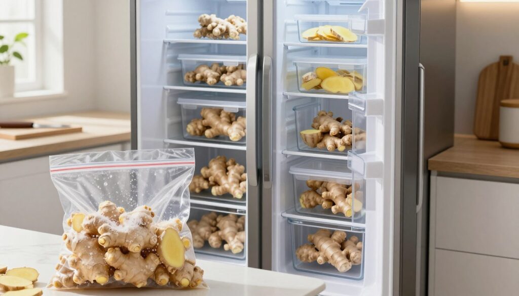 A modern kitchen scene featuring a sleek, open zamrażarka (freezer) filled with neatly organized containers of fresh ginger, emphasizing proper storage techniques. In the foreground, a close-up of ginger pieces displayed in a clear plastic bag, frozen and glistening with frost. The middle ground showcases the zamrażarka with a transparent door, allowing a view of its contents, while the background features a well-lit kitchen countertop with a cutting board and knife, hinting at preparation. Soft, natural lighting streams in from a nearby window, creating a warm and inviting atmosphere. The overall mood is clean and organized, promoting the effectiveness of freezing ginger for long-term storage. A modern kitchen scene featuring a sleek, open zamrażarka (freezer) filled with neatly organized containers of fresh ginger, emphasizing proper storage techniques. In the foreground, a close-up of ginger pieces displayed in a clear plastic bag, frozen and glistening with frost. The middle ground showcases the zamrażarka with a transparent door, allowing a view of its contents, while the background features a well-lit kitchen countertop with a cutting board and knife, hinting at preparation. Soft, natural lighting streams in from a nearby window, creating a warm and inviting atmosphere. The overall mood is clean and organized, promoting the effectiveness of freezing ginger for long-term storage.