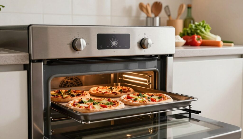 A modern kitchen scene focused on an oven with a visible fan symbol, illustrating the concept of convection baking. In the foreground, a sleek, stainless steel oven door is slightly ajar, revealing a baking tray filled with perfectly cooked pizzas, their crispy crusts and vibrant toppings displayed enticingly. The middle ground showcases kitchen utensils and ingredients like flour and fresh vegetables, hinting at pizza-making preparation. In the background, warm ambient lighting creates a cozy atmosphere, highlighting the kitchen’s contemporary design. A focused angle captures the oven’s settings dial, clearly showing the "convection" mode in action. The mood is inviting and homely, evoking the joy of baking delicious pizzas in a well-equipped kitchen. A modern kitchen scene focused on an oven with a visible fan symbol, illustrating the concept of convection baking. In the foreground, a sleek, stainless steel oven door is slightly ajar, revealing a baking tray filled with perfectly cooked pizzas, their crispy crusts and vibrant toppings displayed enticingly. The middle ground showcases kitchen utensils and ingredients like flour and fresh vegetables, hinting at pizza-making preparation. In the background, warm ambient lighting creates a cozy atmosphere, highlighting the kitchen’s contemporary design. A focused angle captures the oven’s settings dial, clearly showing the "convection" mode in action. The mood is inviting and homely, evoking the joy of baking delicious pizzas in a well-equipped kitchen.