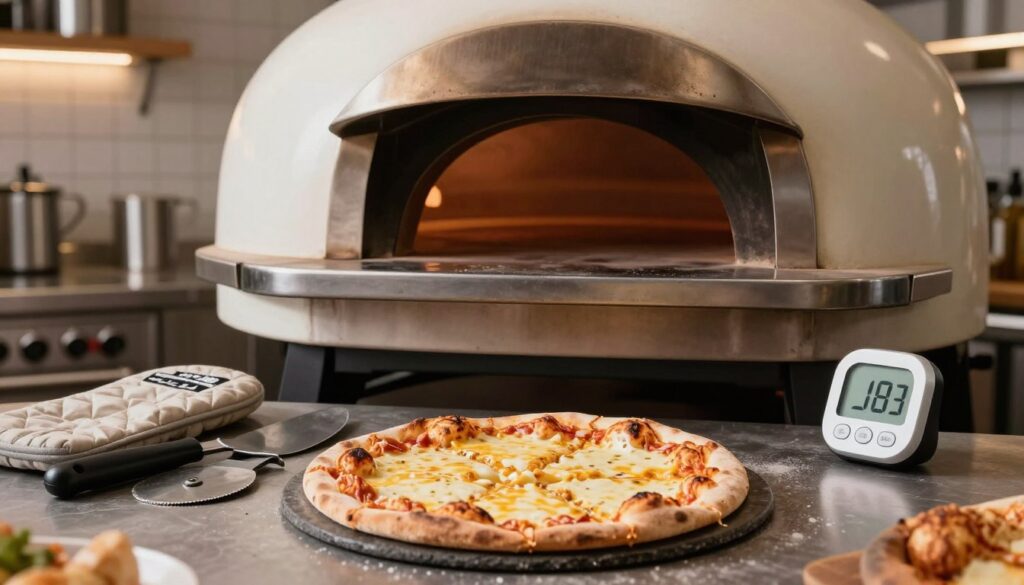 A modern kitchen setting featuring a classic pizza oven, with a pizza being slid onto a stone pizza plate. In the foreground, the pizza showcases four types of cheese melting beautifully, with golden, crispy edges, and a bubbling surface. The middle layer includes various kitchen tools—oven mitts, a pizza cutter, and a digital timer—strategically placed around the pizza, emphasizing efficiency and accessibility. The background reveals a well-organized kitchen with stainless steel appliances and an inviting ambiance enhanced by warm, soft lighting. The scene evokes a cozy and professional atmosphere, perfect for creating delicious pizzas, capturing the essence of culinary craftsmanship and the importance of equipment that enhances baking performance.
