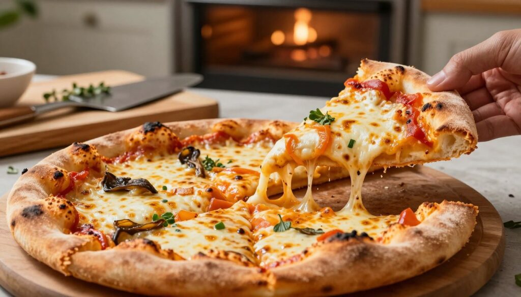 A perfectly baked pizza with a golden, crispy crust is the focus of the image, showcasing an appetizing slice lifted slightly to reveal its enticing layers of melted cheese and vibrant toppings. In the foreground, emphasize the texture of the crust, displaying its bubbly edges and lightly charred surface. The middle ground should feature a rustic wooden cutting board with herbs and a pizza peel, suggesting a warm, homey kitchen atmosphere. The background includes a softly lit oven with the door slightly open, casting a cozy glow. Use warm, inviting lighting to highlight the pizza's details, with a shallow depth of field to bring focus to the deliciously crispy base, evoking feelings of comfort and satisfaction in a domestic setting. A perfectly baked pizza with a golden, crispy crust is the focus of the image, showcasing an appetizing slice lifted slightly to reveal its enticing layers of melted cheese and vibrant toppings. In the foreground, emphasize the texture of the crust, displaying its bubbly edges and lightly charred surface. The middle ground should feature a rustic wooden cutting board with herbs and a pizza peel, suggesting a warm, homey kitchen atmosphere. The background includes a softly lit oven with the door slightly open, casting a cozy glow. Use warm, inviting lighting to highlight the pizza's details, with a shallow depth of field to bring focus to the deliciously crispy base, evoking feelings of comfort and satisfaction in a domestic setting.