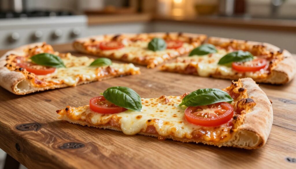A perfectly sliced piece of pizza, topped with vibrant ingredients like gooey melted mozzarella, fresh basil leaves, and ripe tomato slices, placed on a rustic wooden table. The foreground focuses on the pizza slice, showcasing its crispy crust and bubbling cheese in high detail. In the middle ground, a variety of pizza slices in different sizes are slightly blurred to provide context of portion size variations. The background features a softly lit kitchen environment with warm, inviting lighting, enhancing the appetizing color of the pizza. The overall atmosphere is cozy and delicious, evoking a sense of hunger and warmth typically associated with enjoying a meal. The image should be shot from a slightly elevated angle to capture the texture and toppings of the pizza slice artistically. A perfectly sliced piece of pizza, topped with vibrant ingredients like gooey melted mozzarella, fresh basil leaves, and ripe tomato slices, placed on a rustic wooden table. The foreground focuses on the pizza slice, showcasing its crispy crust and bubbling cheese in high detail. In the middle ground, a variety of pizza slices in different sizes are slightly blurred to provide context of portion size variations. The background features a softly lit kitchen environment with warm, inviting lighting, enhancing the appetizing color of the pizza. The overall atmosphere is cozy and delicious, evoking a sense of hunger and warmth typically associated with enjoying a meal. The image should be shot from a slightly elevated angle to capture the texture and toppings of the pizza slice artistically.
