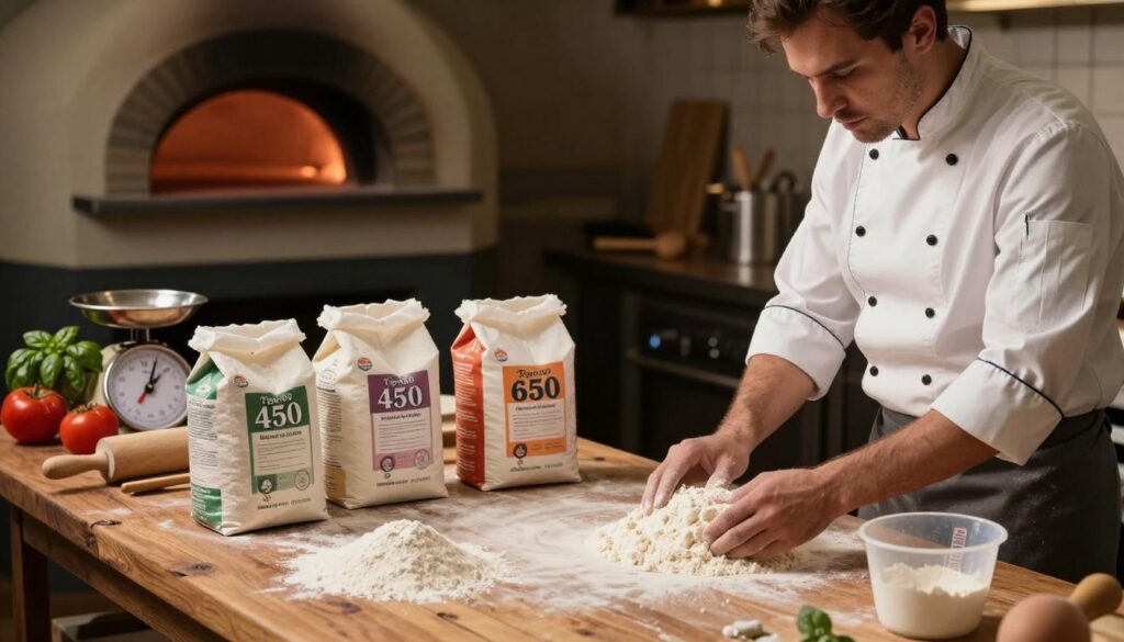 A professional kitchen scene showcasing various types of flour ideal for making pizza, including bags labeled "Tipo 00," "450," "550," and "650," placed artistically on a wooden countertop. In the foreground, a chef in smart casual attire is thoughtfully examining the flour, with a weighing scale and measuring cups beside them, embodying a sense of expertise. The middle ground features a rustic wooden table with an assortment of ingredients like fresh tomatoes, basil, and a rolling pin, highlighting the pizza preparation aspect. In the background, a traditional wood-fired oven glows warmly, suggesting high-temperature baking while adding a cozy, inviting atmosphere. The lighting is warm and soft, casting gentle shadows, creating a professional yet homely mood.