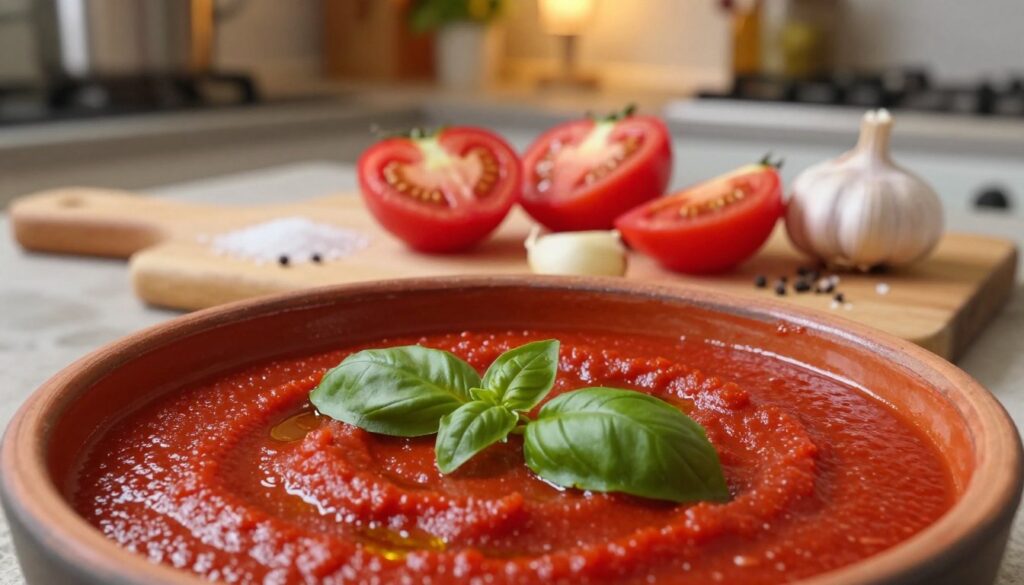A rich and thick tomato sauce for pizza, displayed in a rustic clay bowl. The foreground features the vibrant red sauce, dotted with fresh basil leaves, and glistening with a hint of olive oil. In the middle, cut tomatoes and garlic cloves are artistically arranged on a wooden chopping board, with a sprinkle of sea salt and cracked black pepper around them. The background shows a softly blurred kitchen scene, with warm lighting that casts a cozy ambiance, highlighting the cooking utensils and fresh ingredients. The overall mood is inviting and homey, perfect for a pizza-making session. The angle captures the scene from slightly above, providing a clear view of the sauce and its vibrant colors, evoking a sense of homemade authenticity.