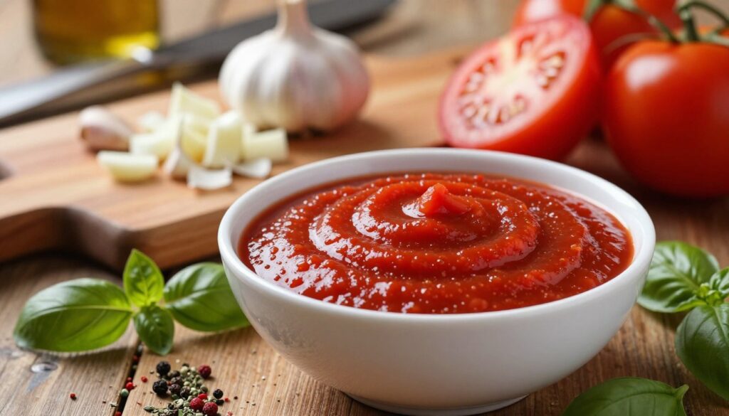 A rich, vibrant image of a bowl of concentrated tomato sauce, with textural details showcasing the smooth and glossy consistency. In the foreground, the bowl is surrounded by colorful spices, such as oregano and basil leaves, highlighting the aromatic ingredients used to enhance its flavor. In the middle ground, a rustic wooden cutting board displays chopped garlic and fresh tomatoes, adding a fresh and inviting element to the scene. The background features blurred kitchen utensils and warm, soft lighting that creates a cozy, appetizing atmosphere. The focus is sharp on the bowl of sauce, emphasizing its enticing color and depth, evoking feelings of comfort and culinary creativity. A rich, vibrant image of a bowl of concentrated tomato sauce, with textural details showcasing the smooth and glossy consistency. In the foreground, the bowl is surrounded by colorful spices, such as oregano and basil leaves, highlighting the aromatic ingredients used to enhance its flavor. In the middle ground, a rustic wooden cutting board displays chopped garlic and fresh tomatoes, adding a fresh and inviting element to the scene. The background features blurred kitchen utensils and warm, soft lighting that creates a cozy, appetizing atmosphere. The focus is sharp on the bowl of sauce, emphasizing its enticing color and depth, evoking feelings of comfort and culinary creativity.