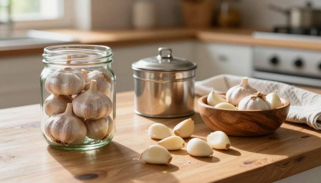 A rustic kitchen countertop filled with freshly peeled garlic cloves, showcasing various methods of garlic storage. In the foreground, a clear glass jar filled with whole peeled garlic, with a subtle sheen reflecting soft, natural light. Beside it, a wooden bowl containing peeled garlic cloves scattered artfully. In the middle ground, a small metal container with a lid designed for garlic storage, positioned next to a delicate kitchen towel, hinting at a cozy home atmosphere. The background features a softly blurred kitchen with natural wood elements and warm sunlight streaming through a window, creating an inviting and fresh ambiance. The overall mood is one of homey practicality, emphasizing freshness and preservation with an earthy color palette.