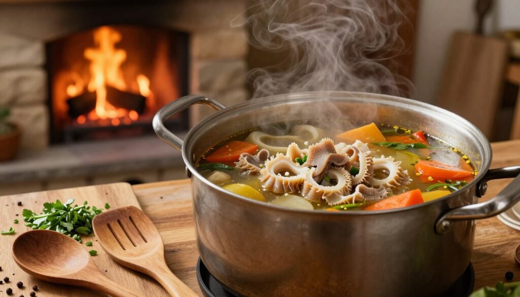 A rustic kitchen setting comes to life, showcasing a large pot simmering with traditional flaki soup. In the foreground, wooden utensils and a chopping board are arranged, with freshly chopped herbs and spices scattered around. The middle layer features the bubbling pot filled with delicately prepared tripe, rich broth, and vibrant vegetables, emitting steam that hints at the savory aroma. In the background, a stone fireplace flickers, casting warm light across the kitchen. The scene is captured from a slightly elevated angle, emphasizing the pot's contents while creating a cozy, inviting atmosphere. The overall lighting is soft and warm, enhancing the homely feel, perfect for illustrating the meticulous process of achieving tenderness in flaki without compromising on flavor. A rustic kitchen setting comes to life, showcasing a large pot simmering with traditional flaki soup. In the foreground, wooden utensils and a chopping board are arranged, with freshly chopped herbs and spices scattered around. The middle layer features the bubbling pot filled with delicately prepared tripe, rich broth, and vibrant vegetables, emitting steam that hints at the savory aroma. In the background, a stone fireplace flickers, casting warm light across the kitchen. The scene is captured from a slightly elevated angle, emphasizing the pot's contents while creating a cozy, inviting atmosphere. The overall lighting is soft and warm, enhancing the homely feel, perfect for illustrating the meticulous process of achieving tenderness in flaki without compromising on flavor.