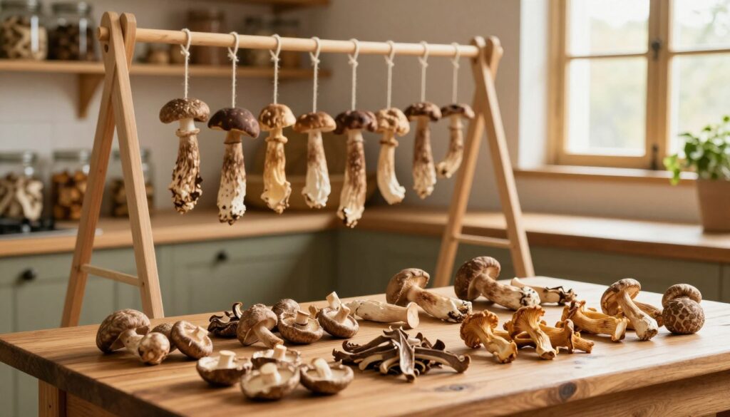 A rustic kitchen setting featuring fresh mushrooms being dried. In the foreground, a wooden table holds an array of different mushroom varieties, including shiitake, porcini, and chanterelles, neatly arranged and partially dried. The middle ground showcases a traditional hanging drying rack with mushrooms strung up by string, gently swaying in a warm, soft light that filters in from a nearby window. The background includes shelves lined with jars of previously dried mushrooms and herbs, creating a homey atmosphere. The overall lighting is warm and inviting, evoking a sense of tradition and craftsmanship in preserving food. The composition suggests a serene, wholesome ambiance, emphasizing the importance of preserving mushrooms for long-term storage.