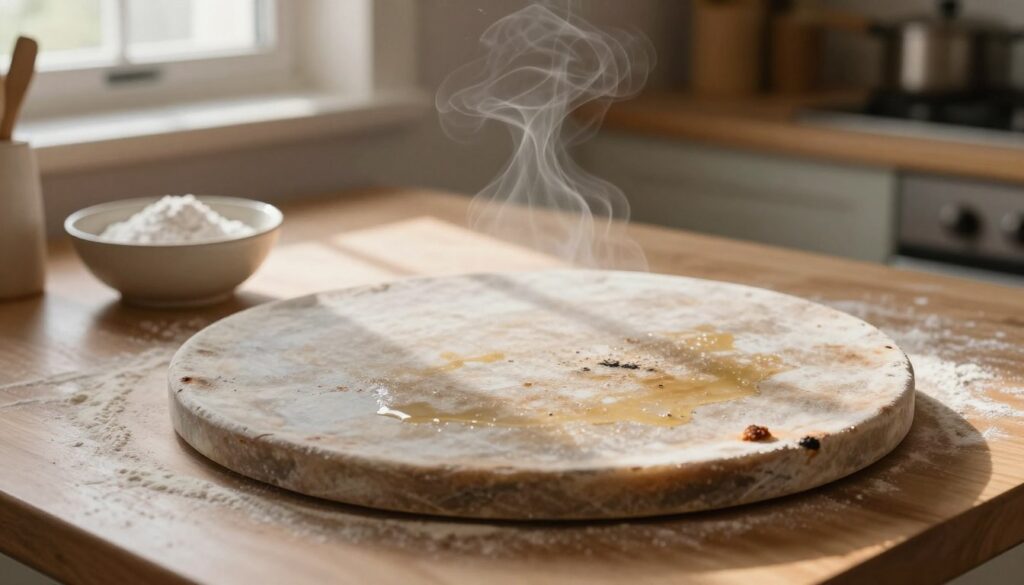 A rustic pizza stone with a slight sheen of oil, showing signs of past use with charred bits clinging to its surface. The foreground should focus on the stone, with subtle smells wafting from it, visualized as gentle, wavy lines in soft, warm colors to represent unpleasant odors. In the middle ground, a small bowl with natural cleaning agents like baking soda and vinegar sits by the stone, hinting at a cleaning process about to commence. The background features a wooden kitchen countertop with flour scattered, giving a cozy, homey atmosphere. Early morning light streams in from a nearby window, casting soft shadows to enhance the warmth and create a sense of calmness and cleanliness. The composition should evoke a feeling of care in maintaining kitchen tools without losing the essence of homemade pizza.