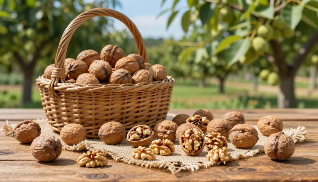 A rustic wooden table fills the foreground, displaying a bounty of harvested walnuts in their natural state, both shelled and unshelled, scattered artfully across a textured burlap cloth. In the middle ground, a vintage wicker basket overflows with unprocessed walnuts, their rich brown shells glistening slightly in soft, natural sunlight, creating gentle highlights. A few walnuts are cracked open, revealing their creamy, appetizing insides. In the background, a serene garden setting features walnut trees with lush green foliage, their branches heavy with ripe fruits, under a clear blue sky that hints at late summer. The scene conveys a warm, inviting atmosphere, emphasizing the beauty of the nut harvest, while the warm lighting creates a sense of nostalgia and bounty. The image should have a shallow depth of field, focusing sharply on the walnuts, with the background softly blurred to enhance the subject matter.