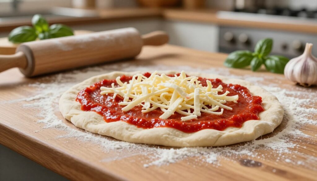 A rustic wooden table is the foreground, adorned with freshly kneaded pizza dough, generously sprinkled with flour, creating a textured surface. In the middle, a vibrant red tomato sauce is artfully spread across the dough, showcasing a rich, glossy sheen, while a mound of shredded mozzarella cheese rests enticingly beside it. The background features a softly blurred kitchen setting with warm lighting that enhances the cozy, inviting atmosphere. A rolling pin and scattered ingredients like fresh basil and garlic hint at a creative process. Capture this scene from a slightly elevated angle, emphasizing the delicious potential of a simple pizza base, evoking a sense of comfort and sustainability with an inviting, homey feel.
